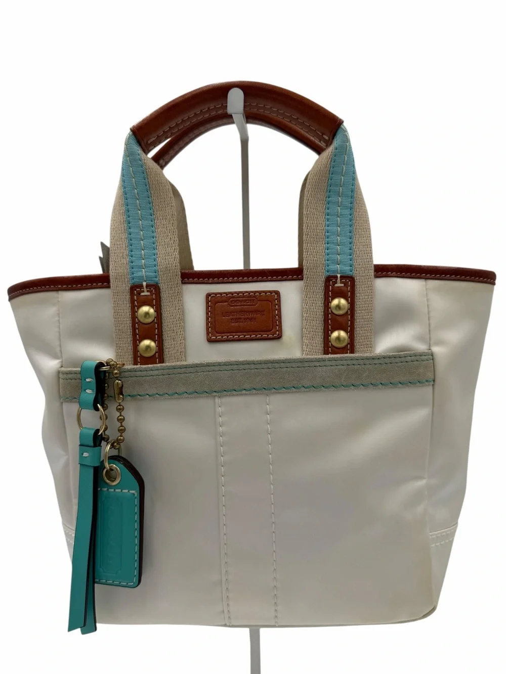 Vintage Coach Hampton White & Aqua Nylon Mini Tote Bag Leather Trim - Picture 1 of 12